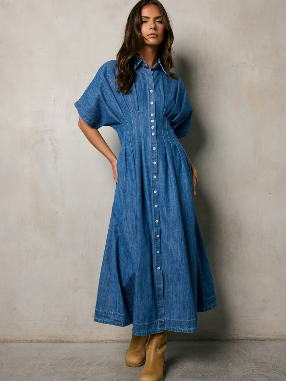 Böhme Kolby Button Front Maxi Dress Light Wash Denim Blue Boho NWT Size M